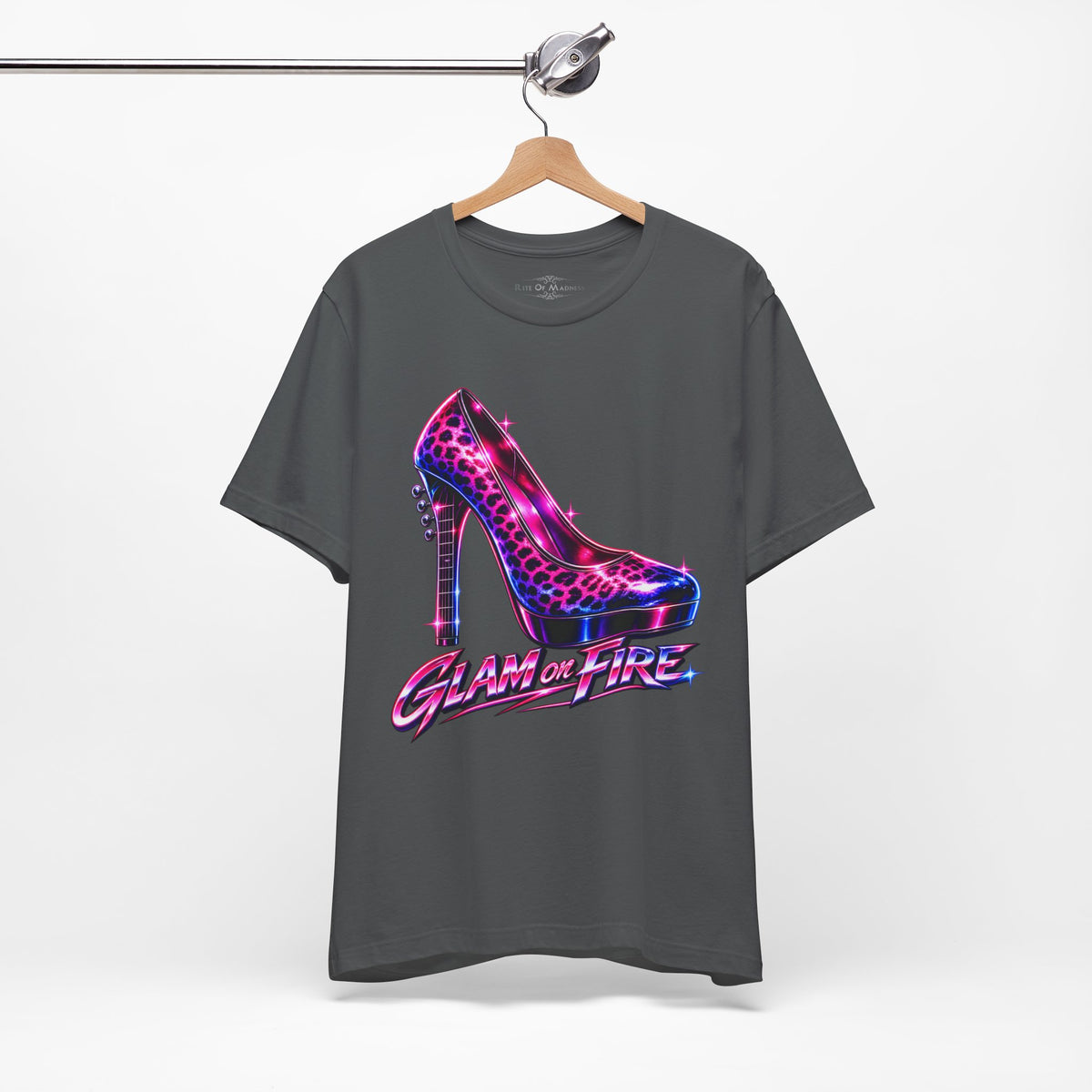 Glam on Fire | Leopard Print High Heel T-Shirt | Women's 80s Glam Rock Graphic Tee