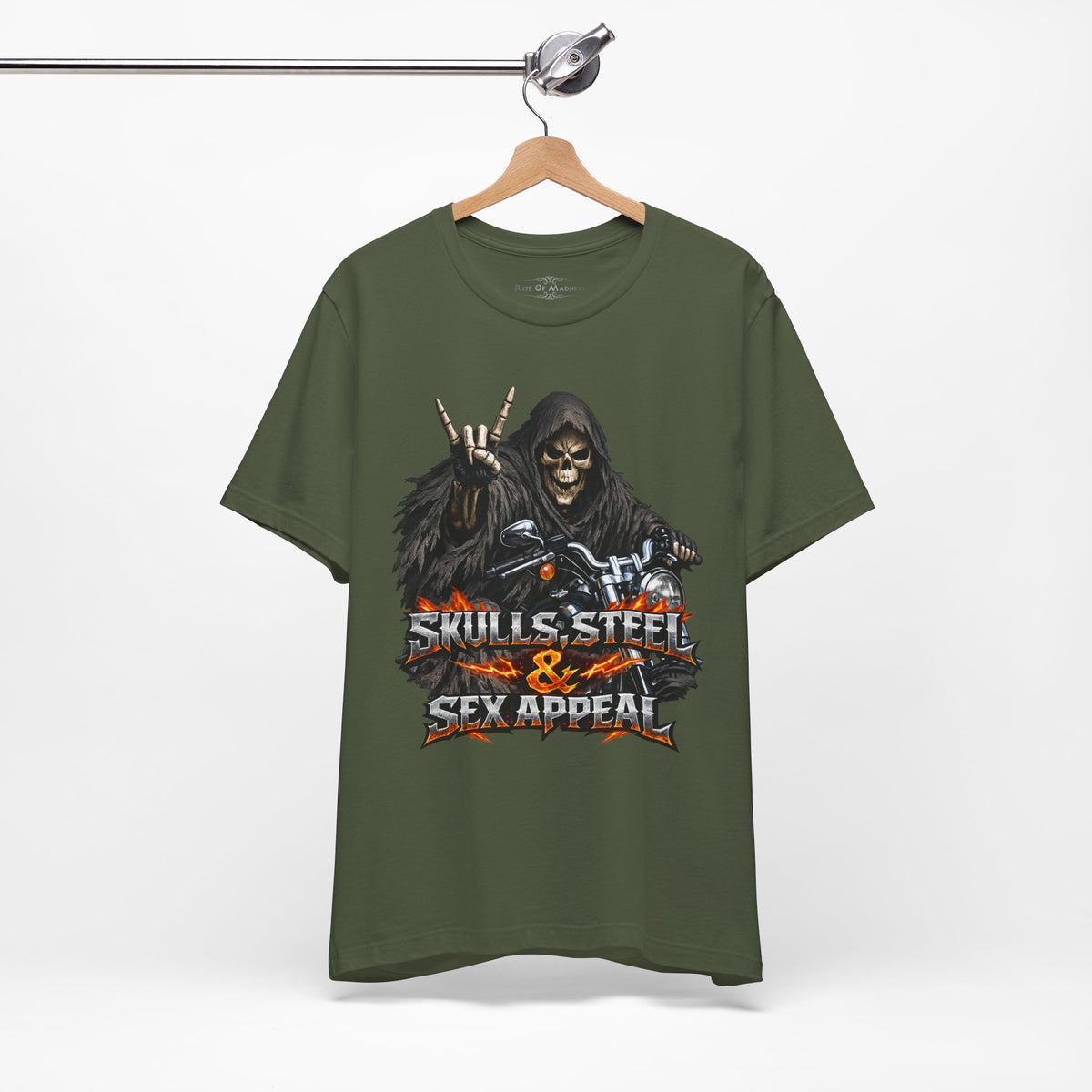 Skulls Steel & Sex Appeal Grim Reaper Biker T-Shirt | Heavy Metal Motorcycle Graphic Tee