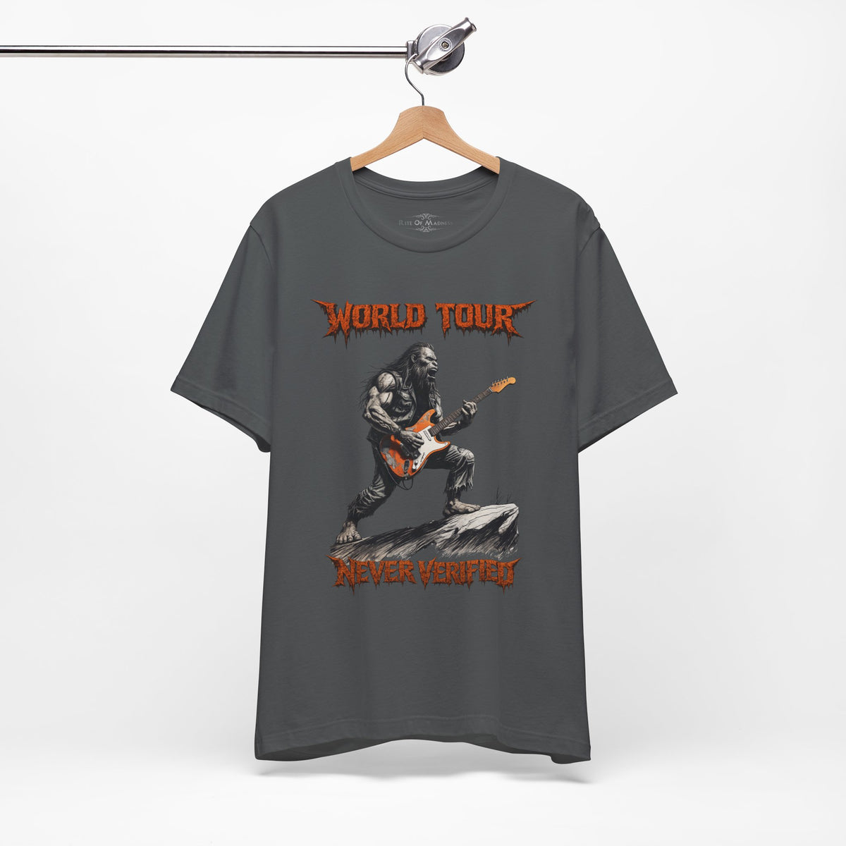 Bigfoot Rock Guitar T-Shirt | World Tour Never Verified | Sasquatch Graphic Tee