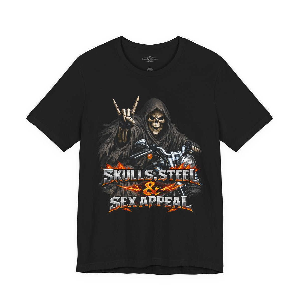 Skulls Steel & Sex Appeal Grim Reaper Biker T-Shirt | Heavy Metal Motorcycle Graphic Tee