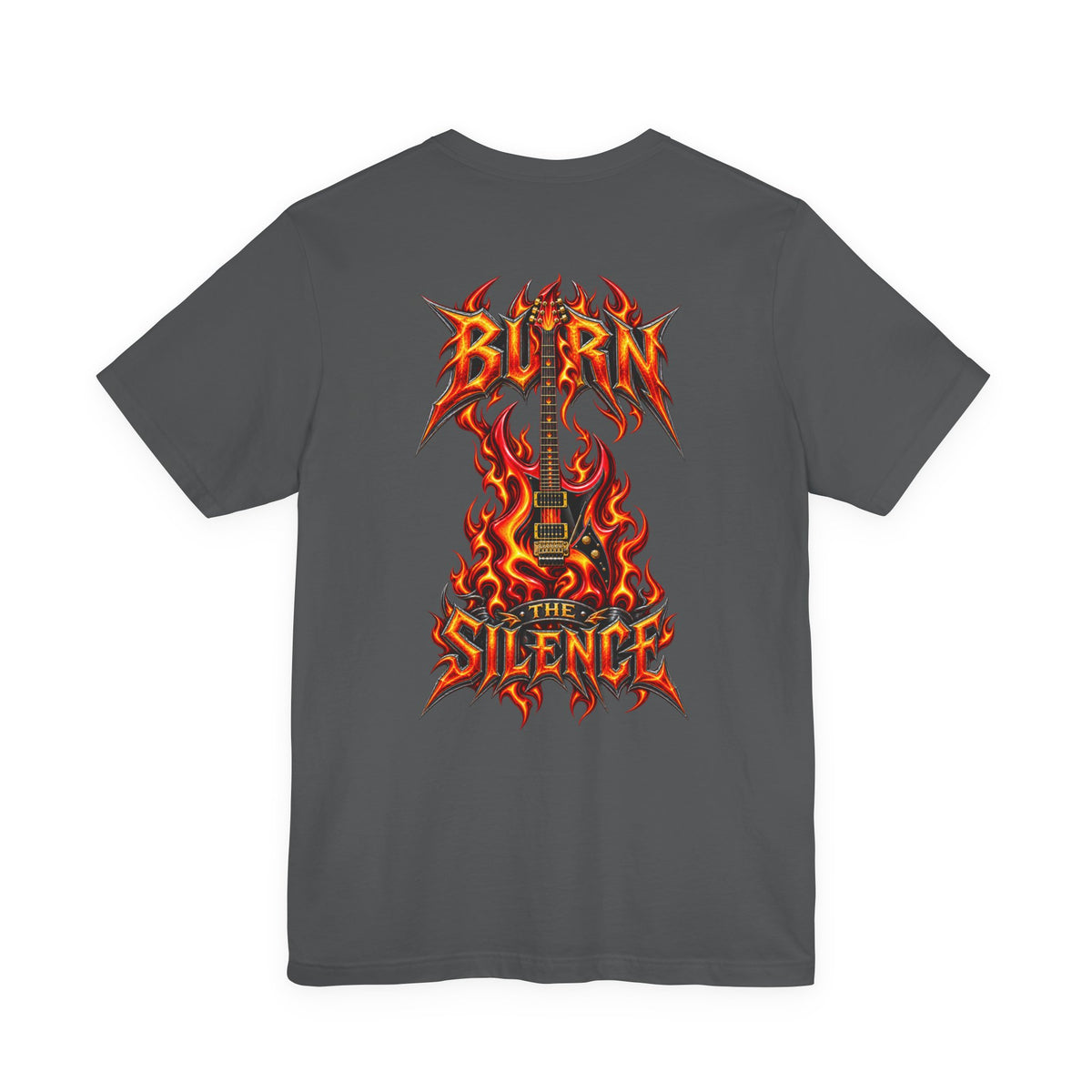 Burn the Silence | Flaming Electric Guitar Heavy Metal T-Shirt | Front & Back