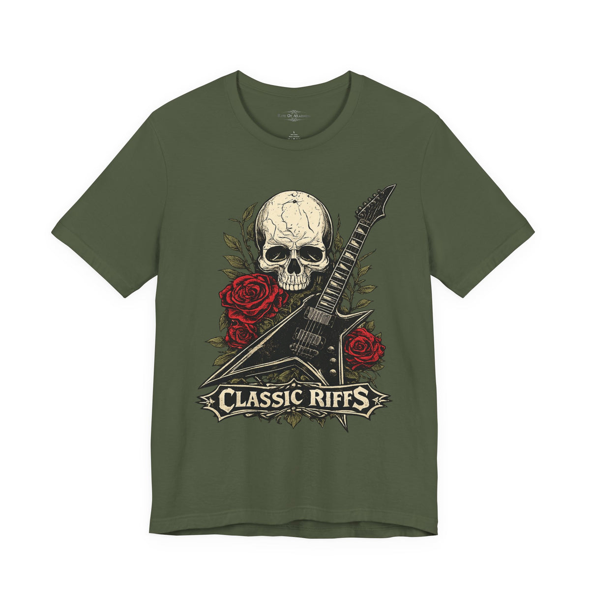 Classic Riffs | Vintage Skull & Roses Rock Guitar Graphic T-Shirt