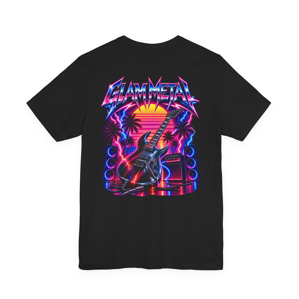 Glam Metal | Retro 80s Sunset Electric Guitar T-Shirt | Front & Back Rock Graphic Tee