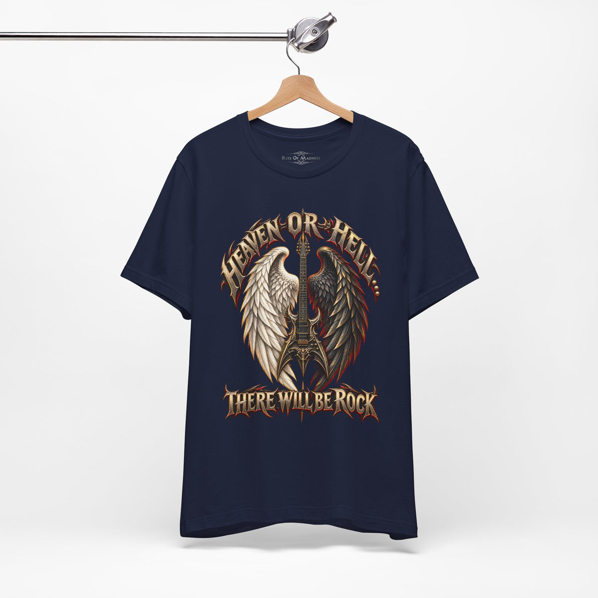 Heaven or Hell There Will Be Rock T-Shirt | Angel Wings Gothic Guitar Heavy Metal Graphic Tee